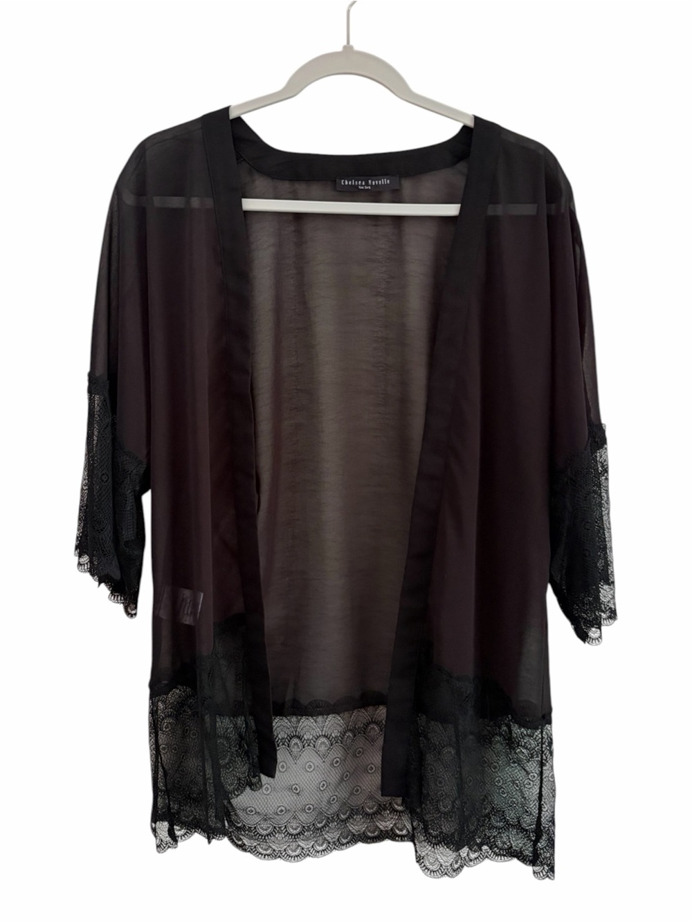 Chelsea Novelle Whimsigoth Black Sheer Lace-Trim Kimono Cover-Up OS Layering